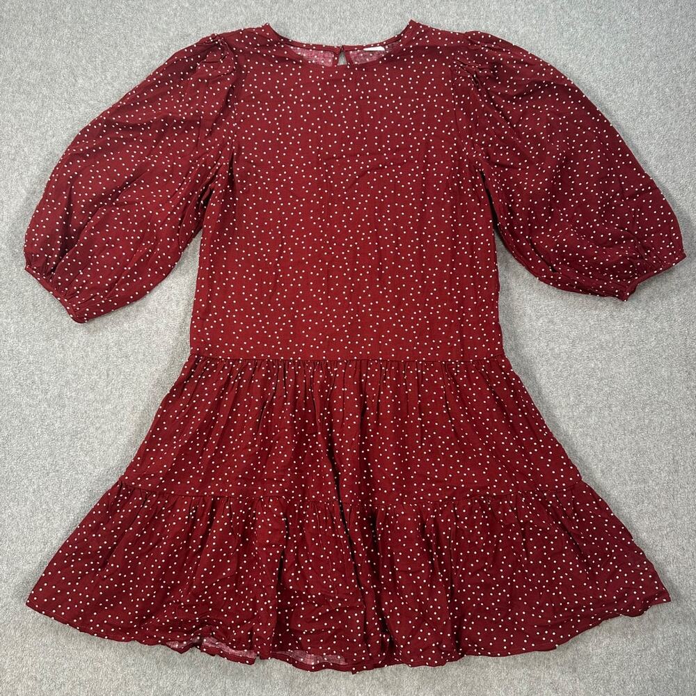 Melrose and Market Polka Dot Dress Women's X-Small Burgundy 3/4 Sleeve Drop Hem